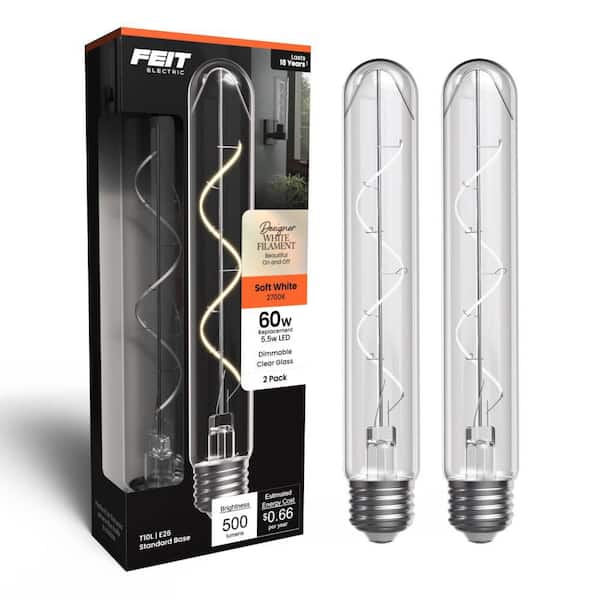 60W Equiv. T10L Dimmable Spiral White Filament Clear E26 Vintage Edison LED Tubular Light Bulb Soft White 2700K (2-Pack)