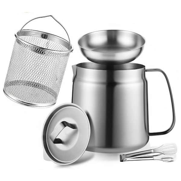68oz Stainless Steel Stock Pot in Silver with Strainer for Oil Filtration, Bacon Grease Saver, Deep Fryer