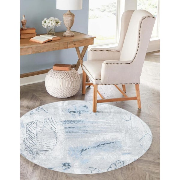 Kamala Washable Foliage Ivory Gray 7 ft. 10 in. x 7 ft. 10 in. Area Rug