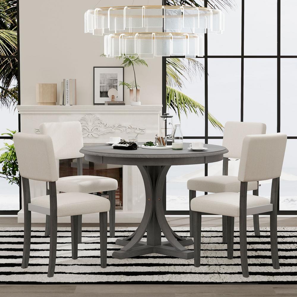 5-Piece Retro Round Dark Gray MDF Top Dining Room Set with Curved Trestle Style Table Legs and 4 Upholstered Chairs -  Clihome, TO-013-BR