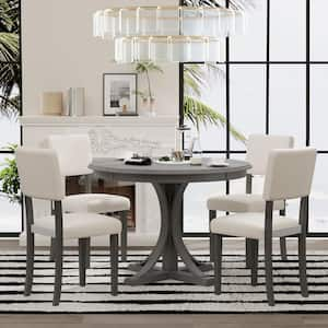 5-Piece Retro Round Dark Gray MDF Top Dining Room Set with Curved Trestle Style Table Legs and 4 Upholstered Chairs