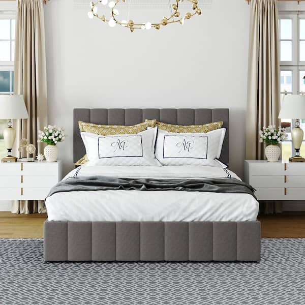 GOJANE 83 in. W Gray Queen Size Upholstered Platform Bed with a Hydraulic Storage System