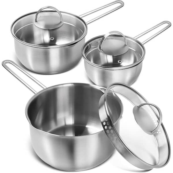 1 qt. 2 qt. and 3 qt. Stainless Steel Sauce Pan Set Tri-Ply Bottom with Lid and Pour Spout in Silver, 6 Piece
