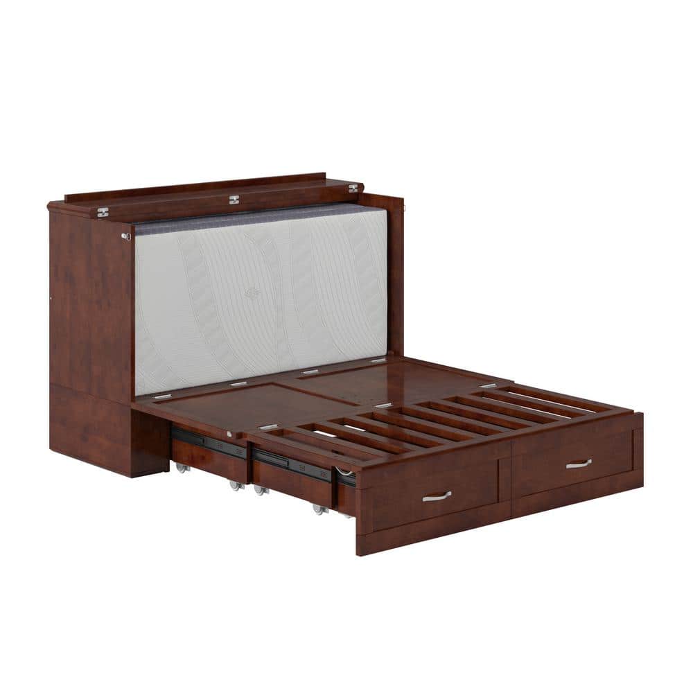 Walnut Full Murphy Bed Chest with Upholstered Wood Frame and Drawer