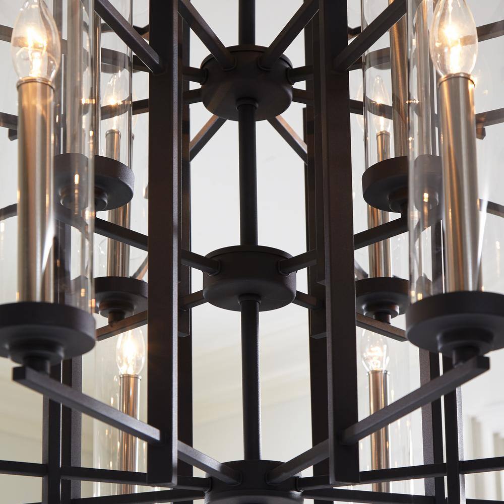 Antique Forged Iron and Brushed Steel 12-Light Chandelier with Clear Glass Shades