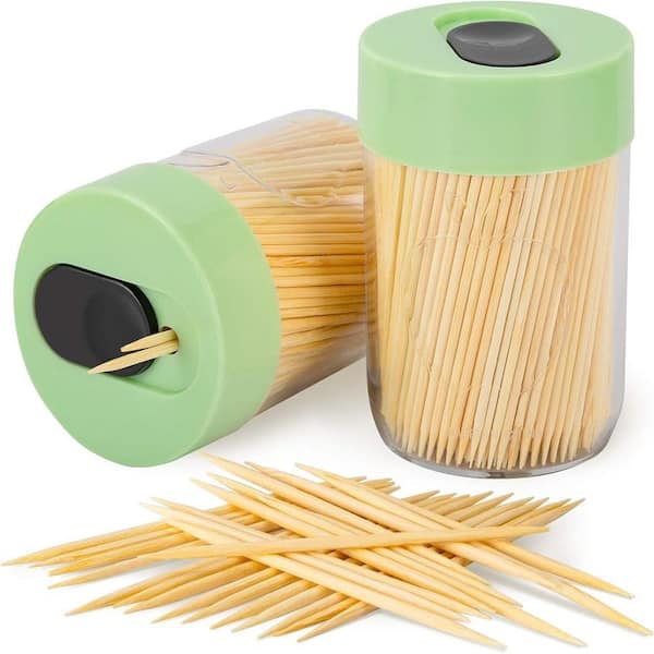 Sturdy Green Toothpick Holder Two-Pack Unique Home Decoration with 800 Natural Bamboo Toothpicks Per Case