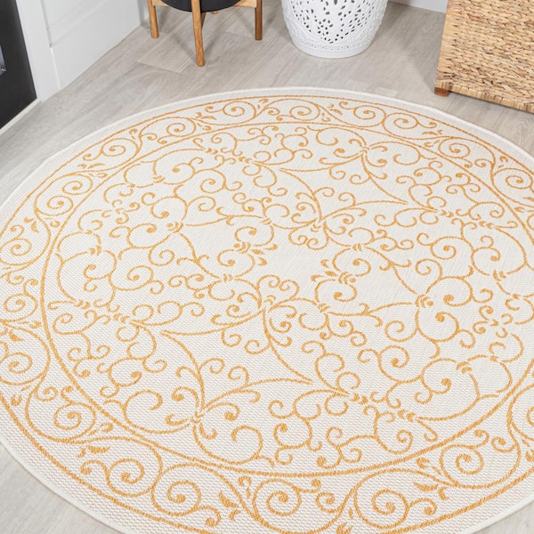 JONATHAN Y Charleston Vintage Filigree Textured Weave Cream/Yellow 5 ft. Round Indoor/Outdoor Area Rug
