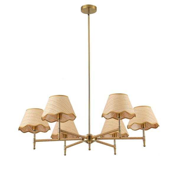 39.37 in. 6-Light Bohemian Rustic Farmhouse Gold Chandelier with Hand-Woven Lamp Shade