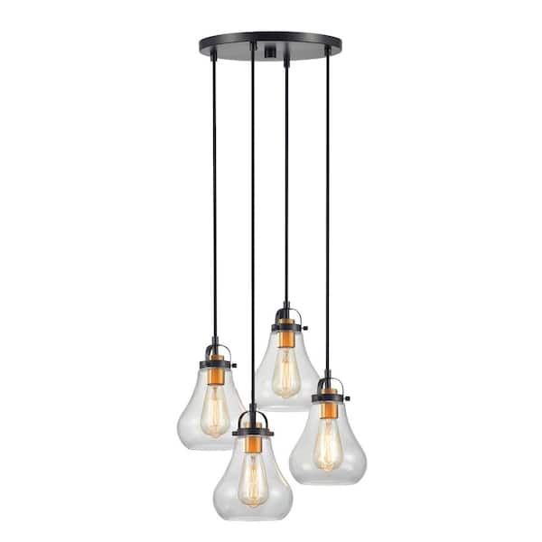KAWOTI 16.5 in. 4-Light Bronze Cluster Pendant with Teardrop Glass Shade
