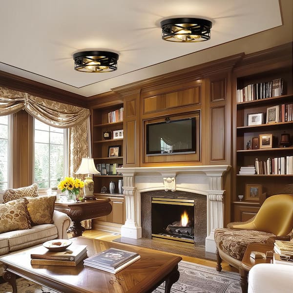 13 in. 3-Light Black Metal Drum Ceiling Light for Living Room