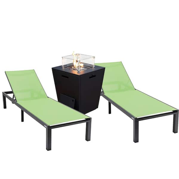 Leisuremod Marlin Modern Black Aluminum Outdoor Patio Chaise Lounge Chair Set of 2 with Fire Pit Table, Green