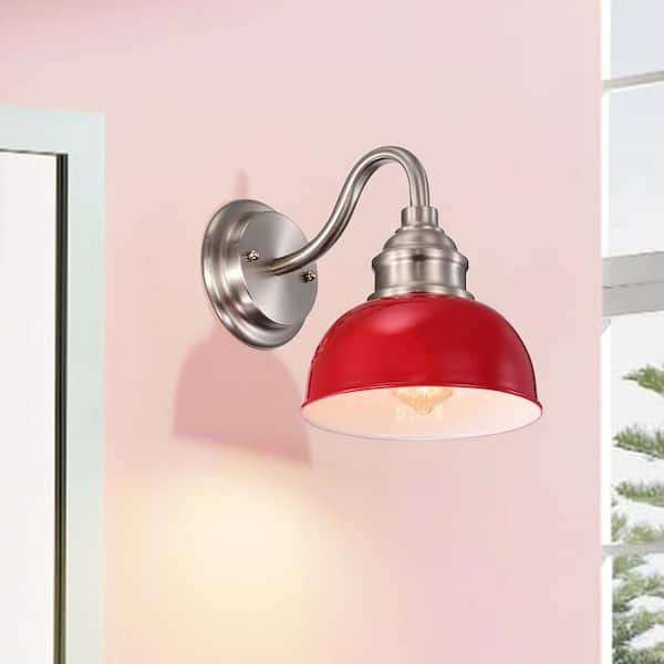 Jushua 1-Light Brushed Nickel Industrial Wall Light Sconce Red and White Inside Shade