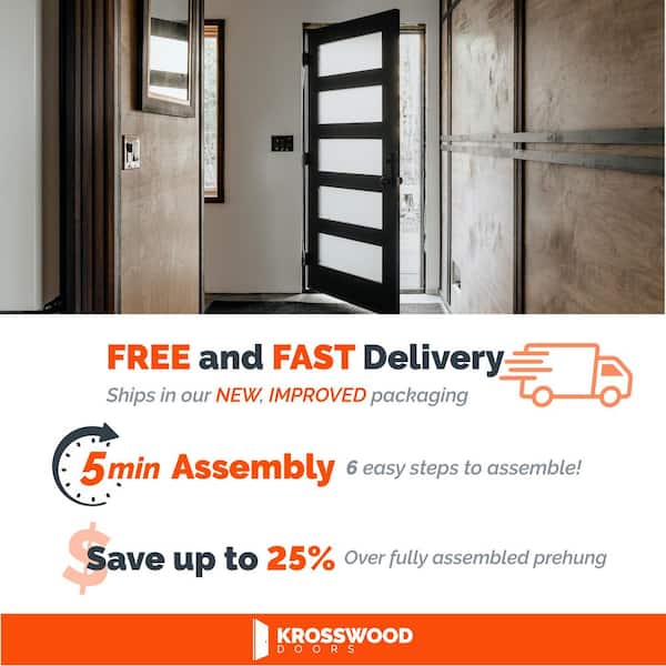 36in.x80in. Hemlock 5-Lite Right-Hand Frosted Glass Black Stain Wood AssemblyRequired Front Door Kit w/QuickAssembleJamb