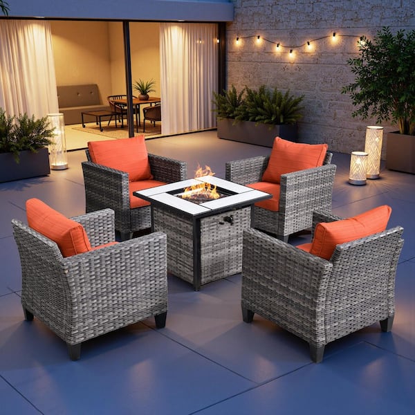 Camden 5-Piece 4-Seat Gray Wicker Outdoor Patio Conversation Set with Square 50000 BTU Fire Pit and Orange Red Cushion