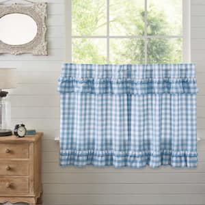 Annie Buffalo Check Ruffled 36 in. W x 36 in. L Light Filtering Tier Window Curtain in Dusk Blue Soft White Pair