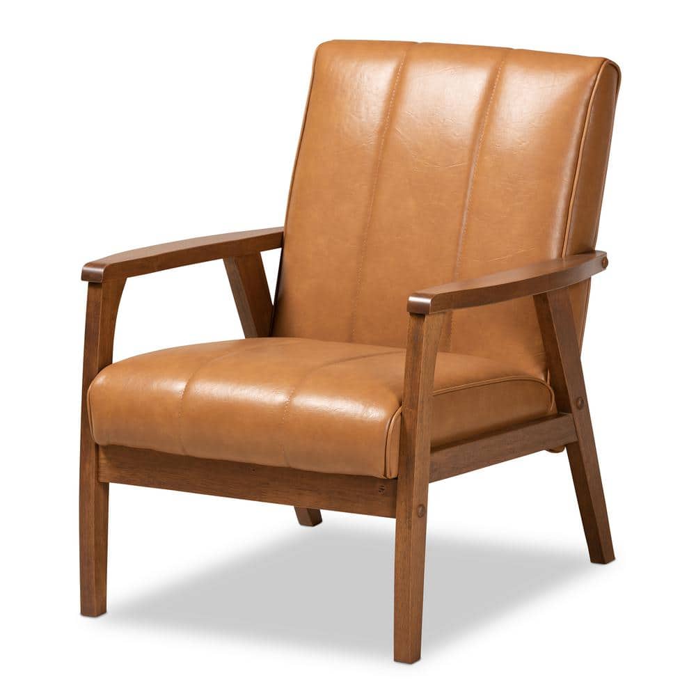 Ergonomic Mid-Century Tan Faux Leather & Walnut Wood Accent Chair