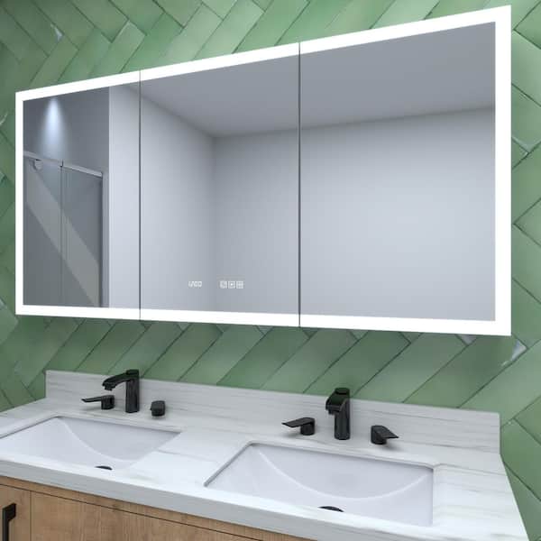 60 in. W x 30 in. H Rectangular Silver Aluminum Recessed/Surface Mount Medicine Cabinet with Mirror, LED and Clock