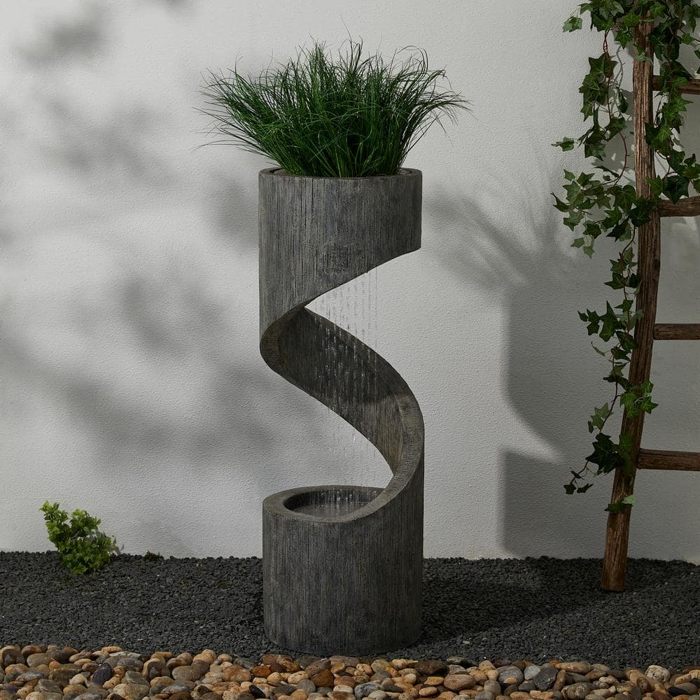 Rustic Curved 40" Outdoor Fountain with LED Light in Stone