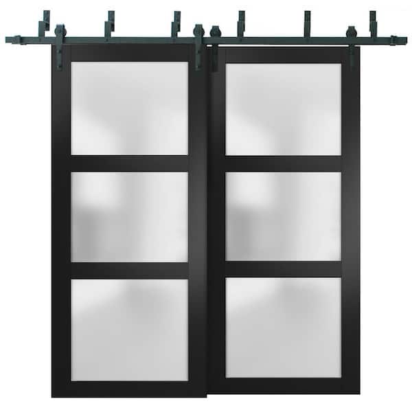 60 in. x 96 in. 2 Panel Frosted Glass Black Matte Solid Wood Sliding Barn Door with Hardware Kit