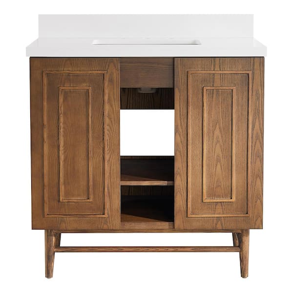 WELLFOR 36 in. W x 22 in. D x 36 in. H Single Sink Freestanding Bath Vanity in Brown with White Marble Top and 4 in. Backsplash