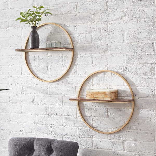 StyleWell 15 in. H x 15 in. W x 4 in. D Wood and Gold Metal Wall-Mount Round Floating Shelf (Set of 2)