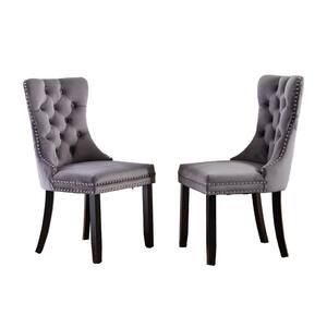 Gray Solid Wood Velvet Upholstered Dining Chair with Nailhead Trim (Set of 2)