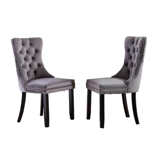 Unbranded Gray Solid Wood Velvet Upholstered Dining Chair with Nailhead Trim (Set of 2)