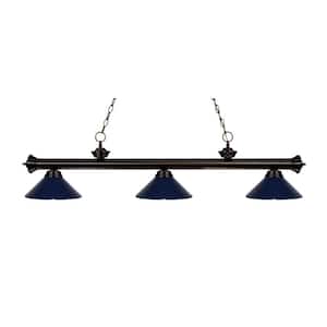 Riviera 3-Light Bronze With Metal Navy Blue Shade Billiard Light With No Bulbs Included