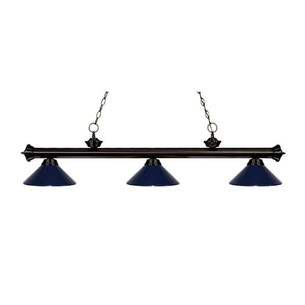 Unbranded Riviera 3-Light Bronze With Metal Navy Blue Shade Billiard Light With No Bulbs Included