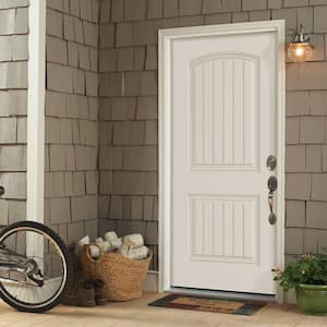 32 in. x 80 in. Cheyenne 2-Panel Right-Hand Inswing Primed Smooth Fiberglass Prehung Front Exterior Door with Brickmold