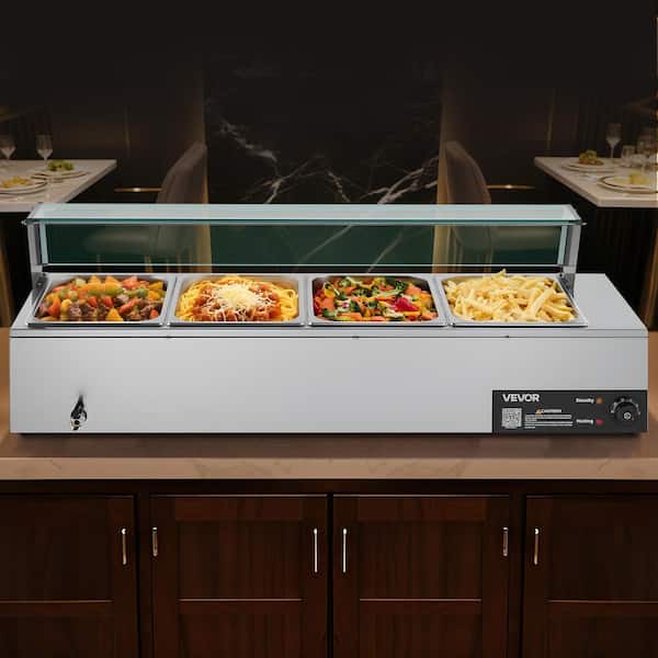 Commercial Food Warmer, 1500-Watt Electric Stainless Steel Steam Warmer w/ Glass Lid 4-Pan Countertop Buffet Bain Marie