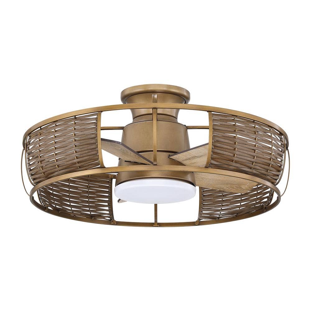 Natural Brass Rattan Flush Mount Ceiling Fan with LED Light and Remote