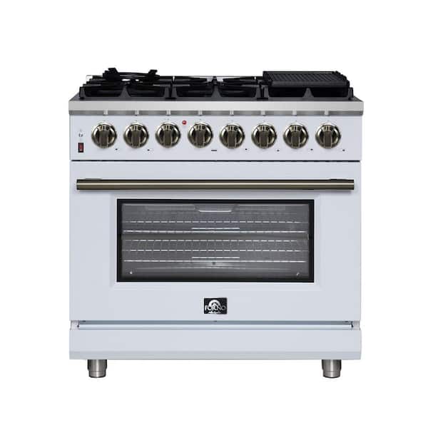 Massimo 36 Inch Freestanding Dual Fuel Range in White with Antique Brass Accessories, 5.36 cu. ft. Convection Oven