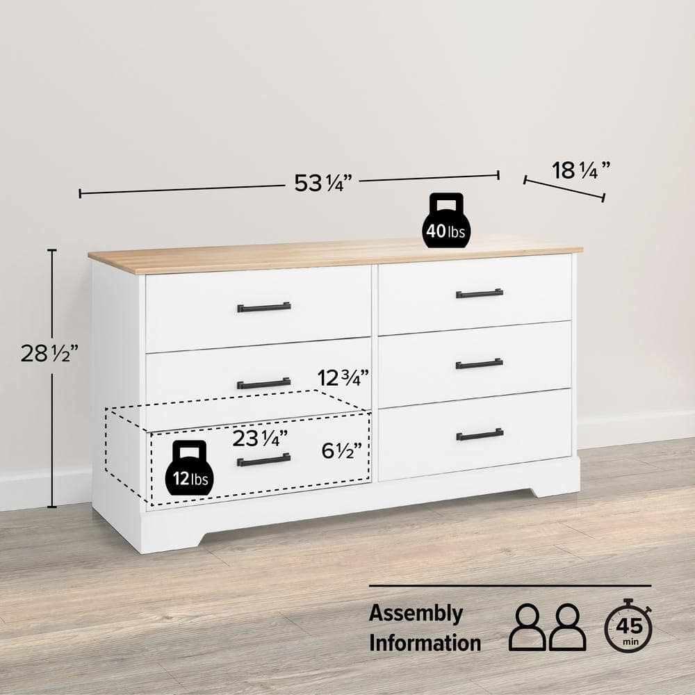 Rustic White and Oak Double Dresser with Six Drawers