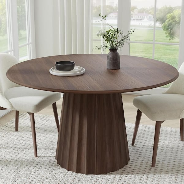 Dovelina 52 in. Solid Wood Walnut Pedestal Dining Table Round Kitchen ...