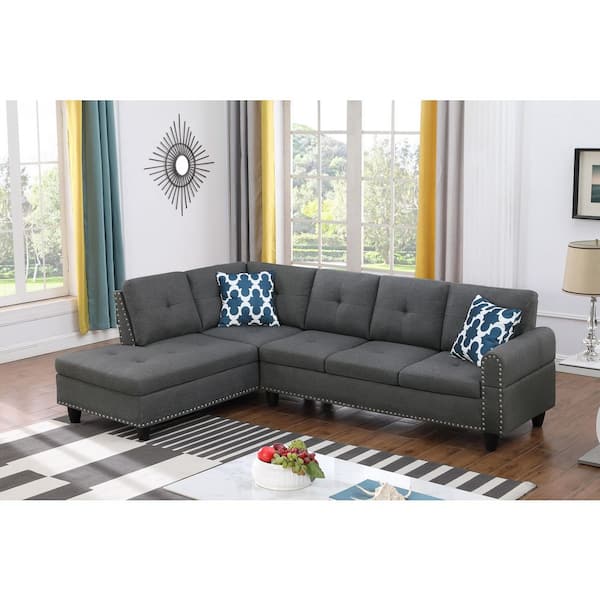 Erik 71 in. Round Arm Faux Leather Upholstery L-Shaped Sectional Sofa in Dark Gray, Nailhead Trim, Cup Holders