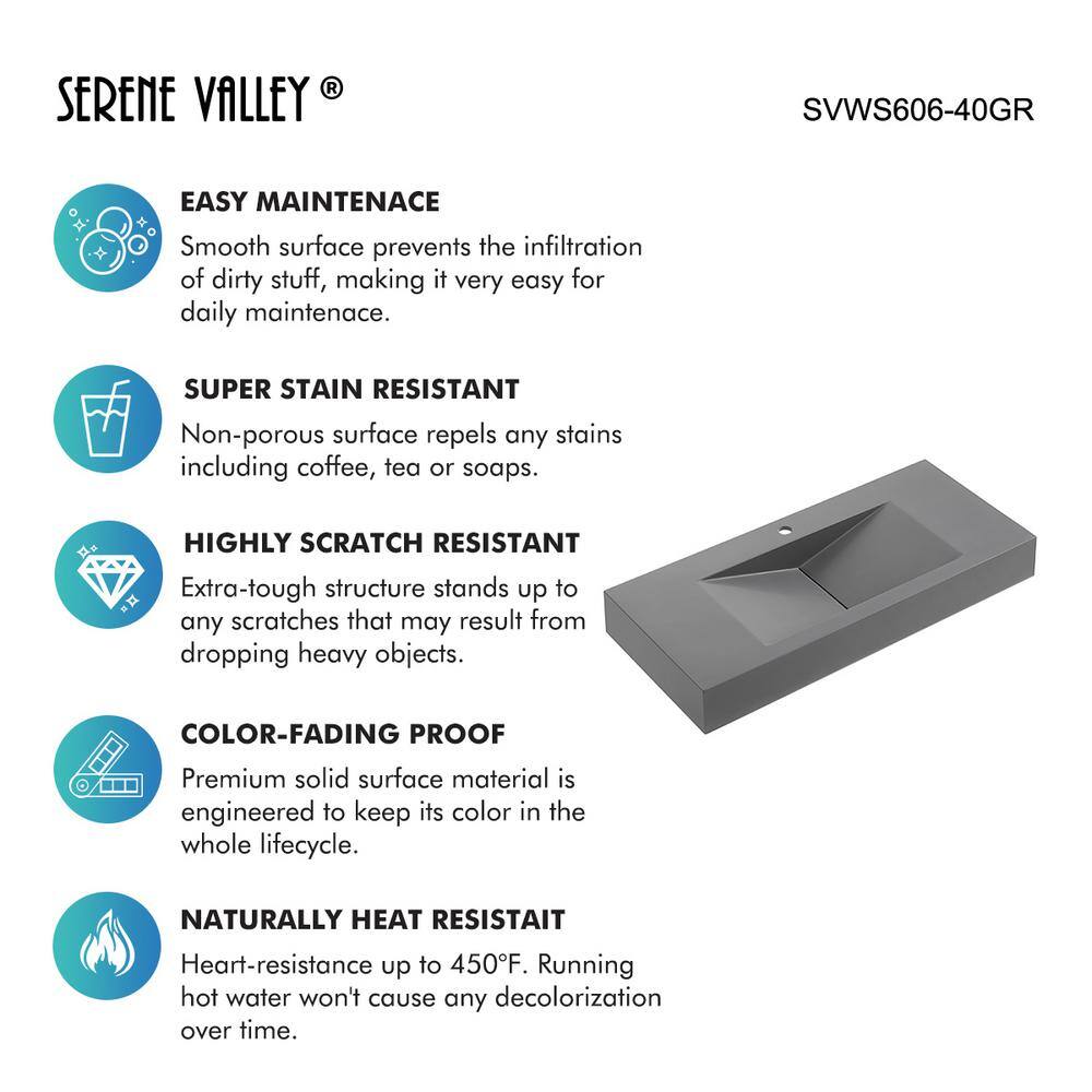 Gray Rectangular Wall-Mount Solid Surface Bathroom Sink