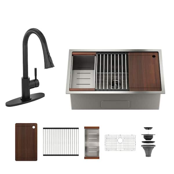 36 in. Undermount Single Bowl 18-Gauge Brushed Stainless Steel Kitchen Sink with Matte Black Faucet and Accessories Kits
