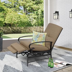 Adjustable Black Metal Outdoor Recliner with Brown Cushions