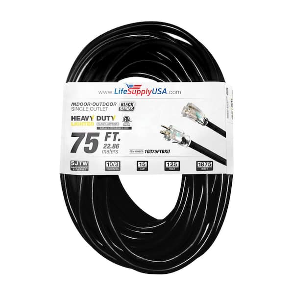 75 ft. 10-Gauge/3 Conductors SJTW Indoor/Outdoor Extension Cord with Lighted End Black (1-Pack)