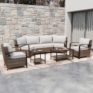 8-Piece Wicker Patio Conversation Sectional Seating Set with Beige Cushions