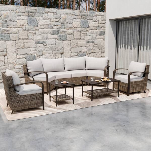 EAGLE PEAK 8-Piece Wicker Patio Conversation Sectional Seating Set with Beige Cushions