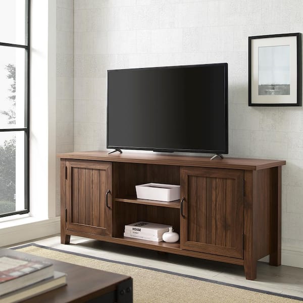 Walker Edison Furniture Company 58 in. Dark Walnut Composite TV Stand Fits TVs Up to 64 in. with Storage Doors