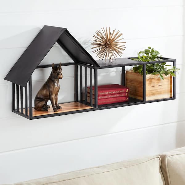 Home Decorators Collection 14 in. H x 28 in. W x 8 in. D Wood and Black Metal Wall-Mount Floating Shelf