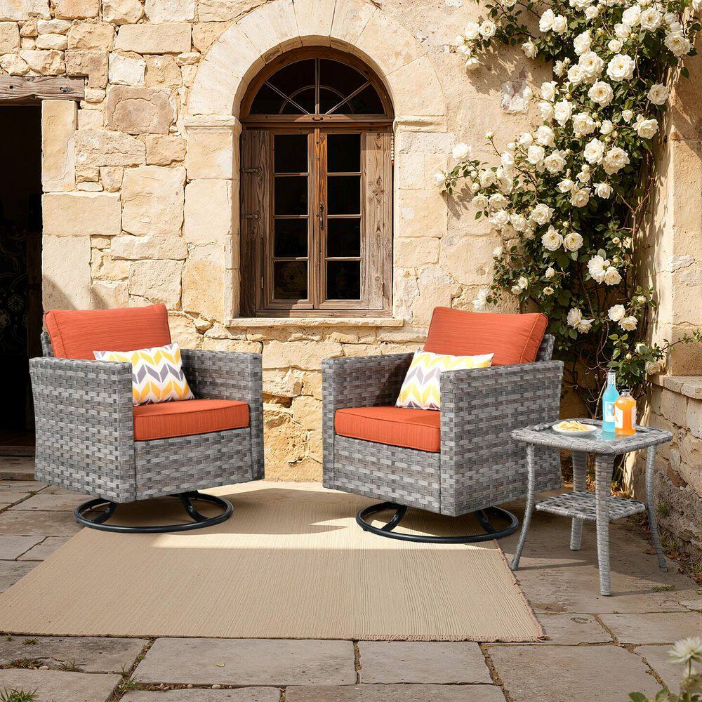 Baldwin Gray 3-Piece Wicker Outdoor Patio Conversation Swivel Rocking Chair Seating Set with Orange Red Cushions price history on PriceWatchPro
