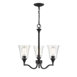 Caily 21 in. 3-Light Matte Black Chandelier Light with Clear Seeded Glass