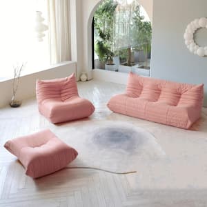 3-Piece Teddy Velvet Comfy Seat Anti-Skip Lazy Sofa Bean Bag Living Room Set in Pink (1 Seater + 3 Seater + Ottoman)
