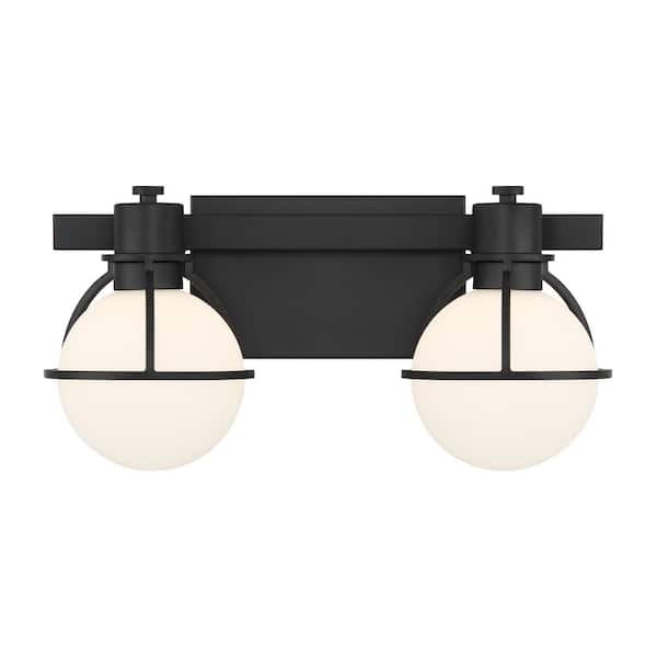 Savoy House Pierce 15.5 in. W x 7.5 in. H 2-Light Matte Black Bathroom Vanity Light with Opal Glass Shades
