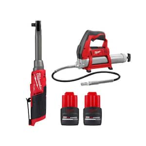 M12 FUEL 12-Volt 3/8 in. Extended Reach High Speed Cordless Ratchet w/M12 Grease Gun & (2) M12 HO 2.5 Ah Battery Packs