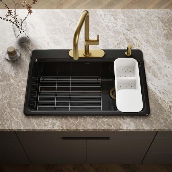 Riverby Drop-In Cast Iron 33 in. 4-Hole Single Bowl Kitchen Sink Kit with Accessories in Black Black